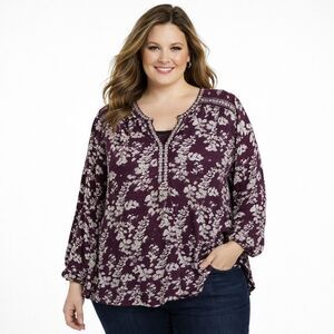 Lucky Brand Tunic Blouse Womens 3X Purple Floral Embroidered Boho Long Sleeve